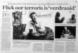 Black and white newspaper article with bold headline about a film, "Catch a Fire," criticized for misrepresentation. Features images of three men in discussion.