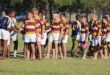 A group of young rugby players in striped jerseys and white shorts shake hands after a match on a grassy field, conveying sportsmanship and camaraderie.