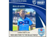 Young rugby player in a blue Bulls U/20 jersey smiles, standing outdoors. The text celebrates his addition to the Bulls family. Bright, sunny day.