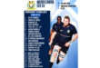 Rugby match poster for Middelburg 1st XV vs. Malelane 1. Features two rugby players in navy uniforms, match details, and team lineup. Energetic and competitive tone.