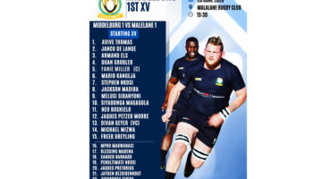 Rugby match poster for Middelburg 1st XV vs. Malelane 1. Features two rugby players in navy uniforms, match details, and team lineup. Energetic and competitive tone.