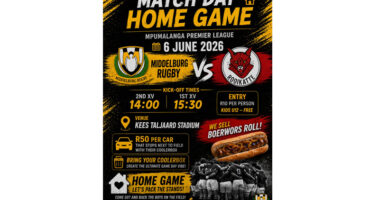 Alt text: "Rugby match poster for Middelburg Rugby vs RooiKatte on 6 June 2026. Venue: Kees Taljaard Stadium. Kick-offs at 14:00 and 15:30. Entry R10, free for kids under 12. Highlight: 'We sell Boerewors Roll!' Mood: Exciting and community-focused."