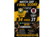 Poster showing a rugby match result between Middelburg Rugby 1 and Lydenburg Rugby 1, with Middelburg winning 34 to 31. Players celebrate, highlighting the text "What a performance!" Logos and match details are included against a dynamic yellow and black background. Mood is triumphant and energetic.