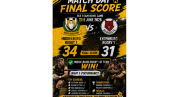 Poster showing a rugby match result between Middelburg Rugby 1 and Lydenburg Rugby 1, with Middelburg winning 34 to 31. Players celebrate, highlighting the text "What a performance!" Logos and match details are included against a dynamic yellow and black background. Mood is triumphant and energetic.