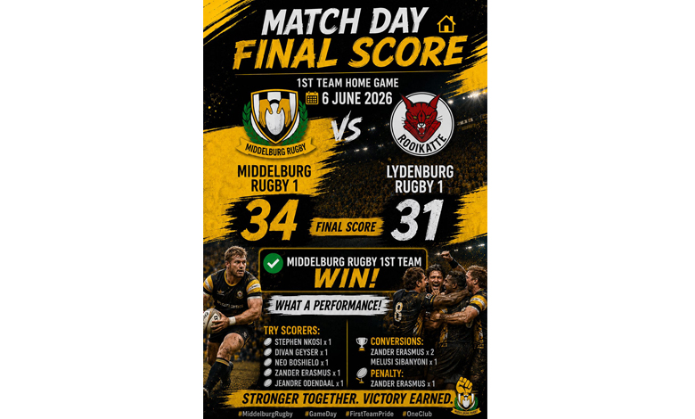 Poster showing a rugby match result between Middelburg Rugby 1 and Lydenburg Rugby 1, with Middelburg winning 34 to 31. Players celebrate, highlighting the text "What a performance!" Logos and match details are included against a dynamic yellow and black background. Mood is triumphant and energetic.