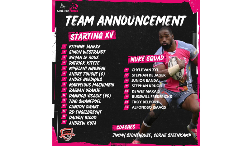 Alt text: "Rugby team announcement poster for the Airlink Pumas featuring the Starting XV and Nuke Squad with player names and positions. Image shows a player in pink and grey uniform holding a rugby ball. Coaches listed as Jimmy Stonehouse and Corne Steenkamp. Dynamic design with a bold, sporty vibe."