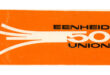 Orange background with stylized white lines resembling a burst, featuring bold black text "EENHEID 50 UNION." Design conveys unity and energy.