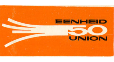 Orange background with stylized white lines resembling a burst, featuring bold black text "EENHEID 50 UNION." Design conveys unity and energy.