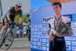 Cyclist competing in a race, wearing a black kit and helmet, rides alongside others. Adjacent is a smiling athlete holding flowers and a medal on a podium.