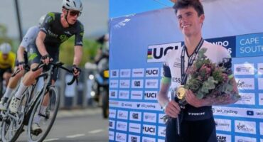 Cyclist competing in a race, wearing a black kit and helmet, rides alongside others. Adjacent is a smiling athlete holding flowers and a medal on a podium.