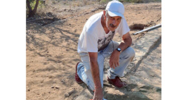 A man in a white cap and T-shirt kneels on a dusty archaeological site, examining a stone surface with a small tool. The setting is outdoors, under bright sunlight.