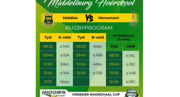 Poster promoting the rugby match between Middelburg and Monument, featuring team logos and match details.