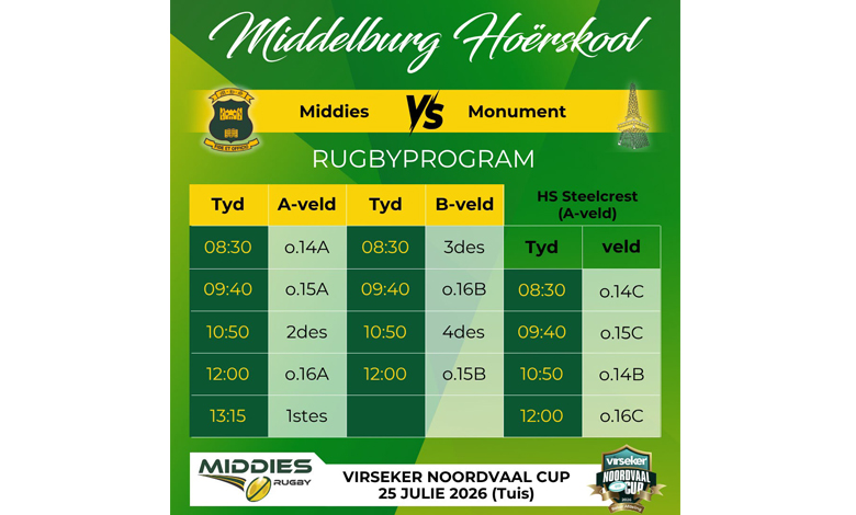 Poster promoting the rugby match between Middelburg and Monument, featuring team logos and match details.