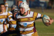 A rugby player in a striped jersey and helmet runs with determination, holding a rugby ball. Teammates follow closely on a sunlit field.