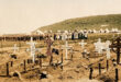 Rows of white and wooden crosses mark graves in a barren cemetery. Soldiers and people line up in the background by white tents, conveying a somber tone.