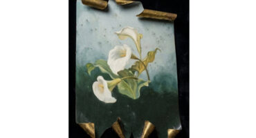 Painting of white calla lilies on a brass sheet with curled edges, set against a soft green background. The tone is serene and elegant.