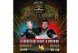 Two men in boxing gear pose in front of a banner reading "Exhibition Fight 3 Rounds."