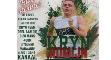 Poster for Kryn Romun who ran in the 400m race - featuring event details and graphics related to running.