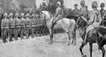Black and white drawing depicting men riding horses in a dynamic outdoor scene