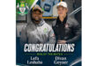 Two men stand side by side, smiling, with the word "Congratulations" displayed above them.