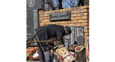 A man kneels beside a dog at a memorial, paying tribute with a solemn expression and a gentle hand on the dog's back.