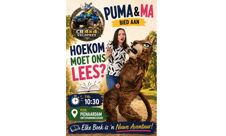 A welcoming sign for Puma & Mam showcasing a puma illustration and a charming design inviting people to an event to showcase why you need to read.
