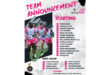 Rugby team announcement flyer displaying team logo, roster, and season schedule information.