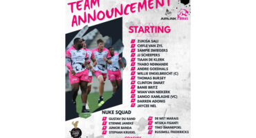 Rugby team announcement flyer displaying team logo, roster, and season schedule information.