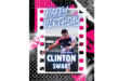 A birthday card featuring a photo of Clinton Swart, decorated with colorful balloons and festive designs.