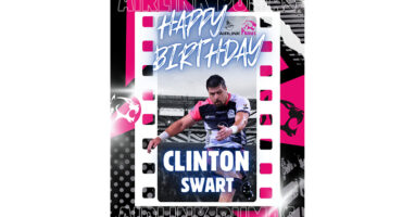 A birthday card featuring a photo of Clinton Swart, decorated with colorful balloons and festive designs.
