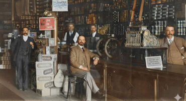 A group of men stands in a store, with one man in the center, engaged in conversation or discussion.
