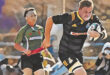A dynamic painting of a rugby player sprinting forward, gripping the ball tightly, showcasing athleticism and determination.