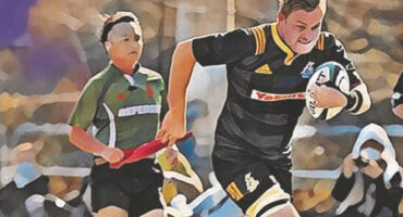A dynamic painting of a rugby player sprinting forward, gripping the ball tightly, showcasing athleticism and determination.