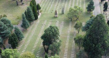 Aerial view of a cemetery featuring numerous graves arranged in neat rows amidst green grass.