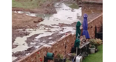 A backyard featuring a wooden fence surrounding a huge amount of sewage on the other side.