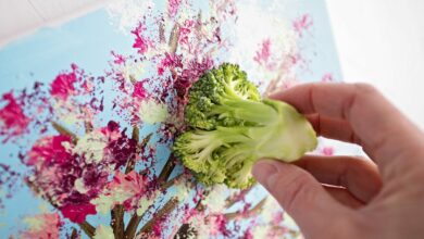 Fun stamped tree painted with broccoli