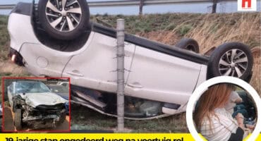 Charissa Terblanche sit in die voertuig met ligte beserings na haar motorrol buite Balfour, langs die beskadigde voertuig.