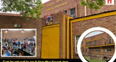 Collage showing Ermelo Sport-Inn improvements, including freshly painted walls, wrestling tournament action, and community volunteers at the facility.
