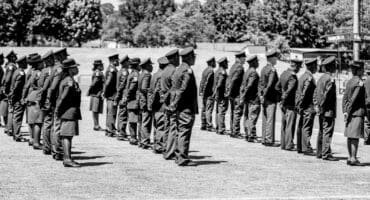 SAPS officers from Gert Sibande district standing in formation during a medal parade at AJ Swanepoel Stadium.