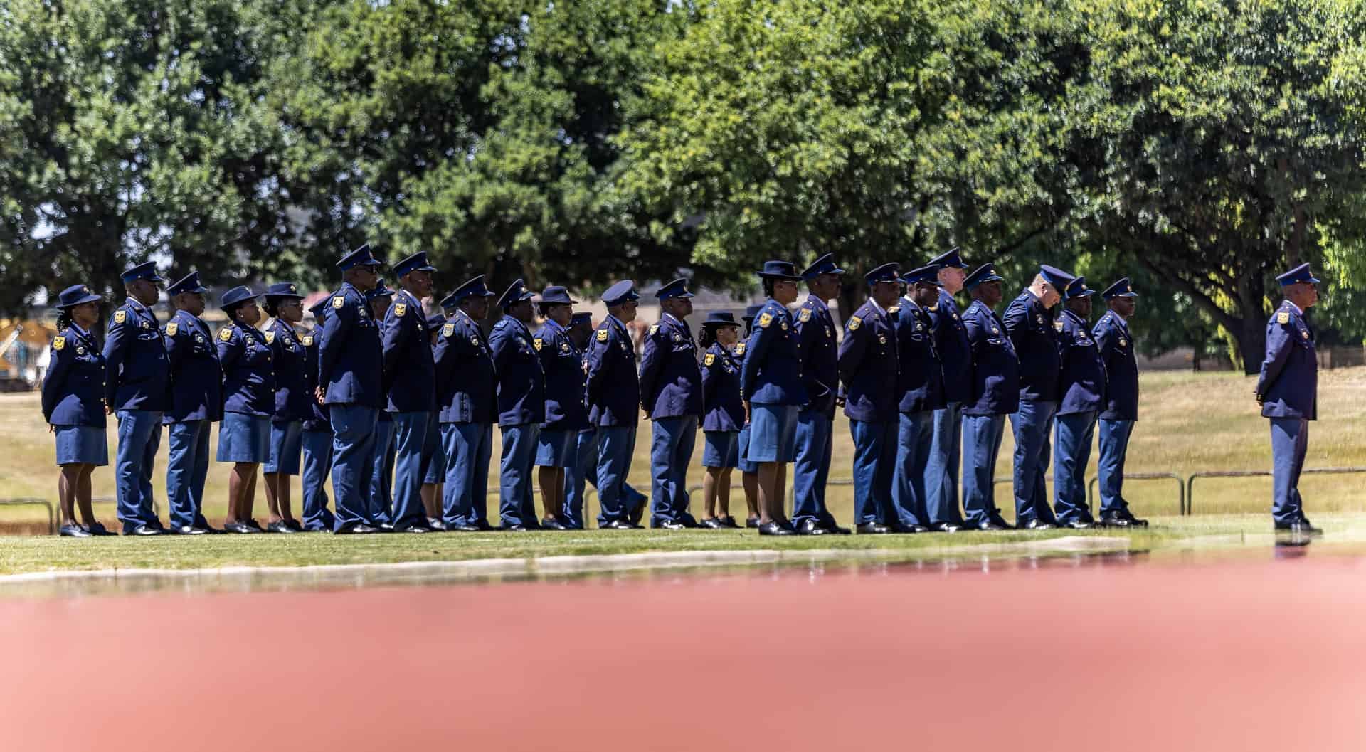 SAPS officers from Gert Sibande district standing in formation during a medal parade at AJ Swanepoel Stadium.