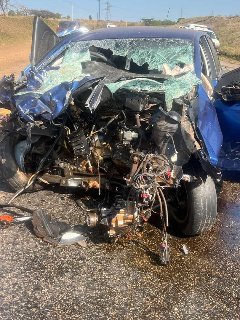 Damaged sedan involved in a head-on collision on the N2 near eMkhondo.