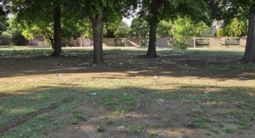 Leë bottels en rommel oor die gras in De Bruinpark se parkie.