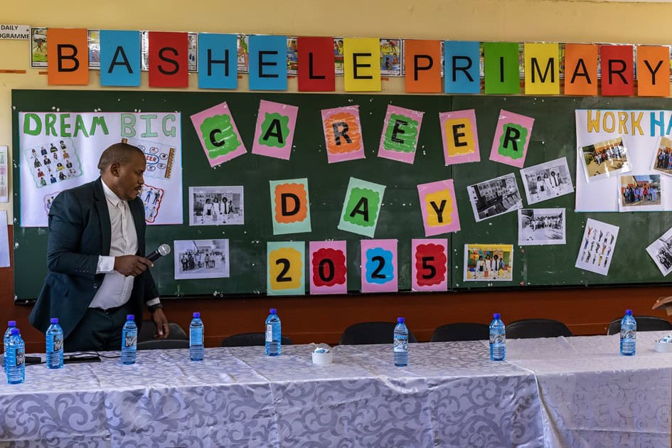 Classroom decorated with a “Career Day” sign at Bashele Primary School.