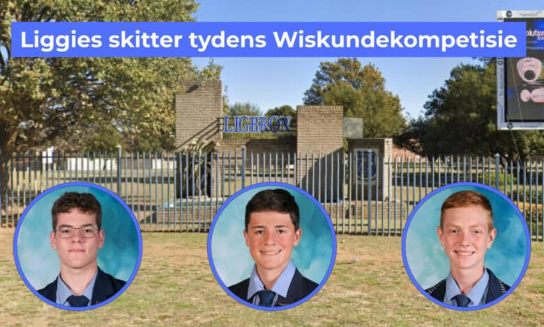 Ligbron Akademie in die agtergrond met drie top wiskundeleerders – Lewellyn Ludike, Jerome Krause en William Clark – in sirkelraampies vooraan