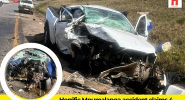 Main image: The wrecked bakkie involved in a head-on collision on the N2 near eMkhondo. Insert circle: The sedan that collided with the bakkie, also damaged in the crash.