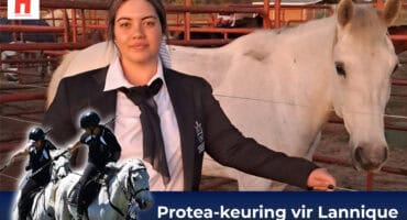 Saamgestelde beeld van Lannique Graham van Ligbron Akademie vir Tegnologie — saam met haar perd en in aksie tydens tentpegging.