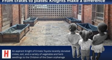Four large planting crates donated by Ermelo Toyota’s Aspirant Knights, with an insert showing children from Children of the Dawn watching from a distance.