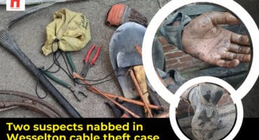 Collage showing tools, a suspect’s dirty hands, and a muddy boot from the Wesselton cable theft arrest.