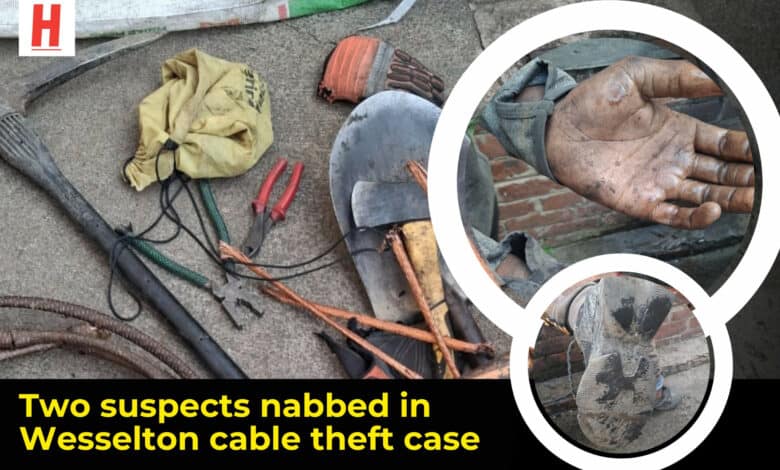Collage showing tools, a suspect’s dirty hands, and a muddy boot from the Wesselton cable theft arrest.