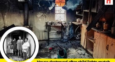 The Vilakazi family stands outside their burned home on Mthambama Street, Wesselton, next to a photo of their destroyed kitchen after a fire started by a child.